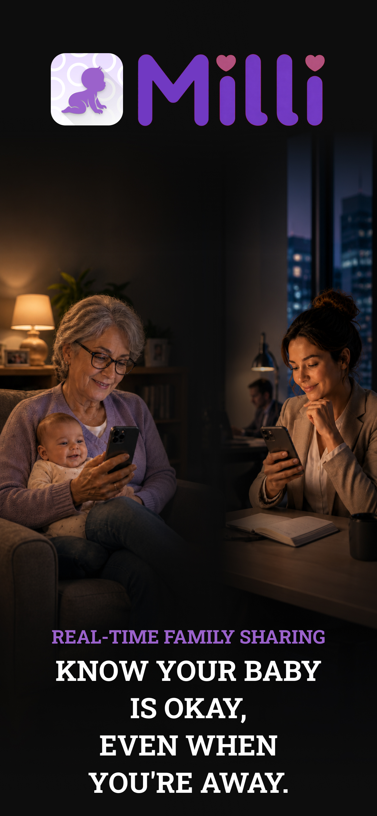Two family members viewing the same baby timeline on separate phones in real time