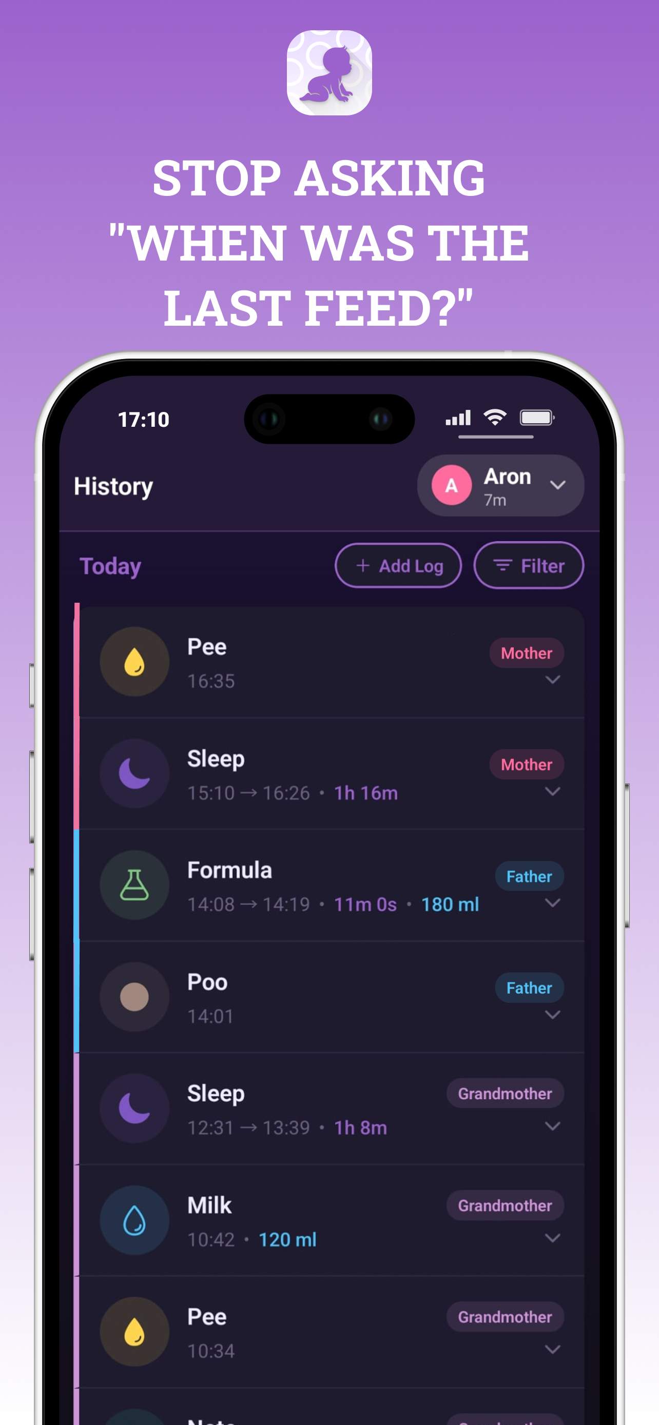 Shared history timeline showing who logged what and when