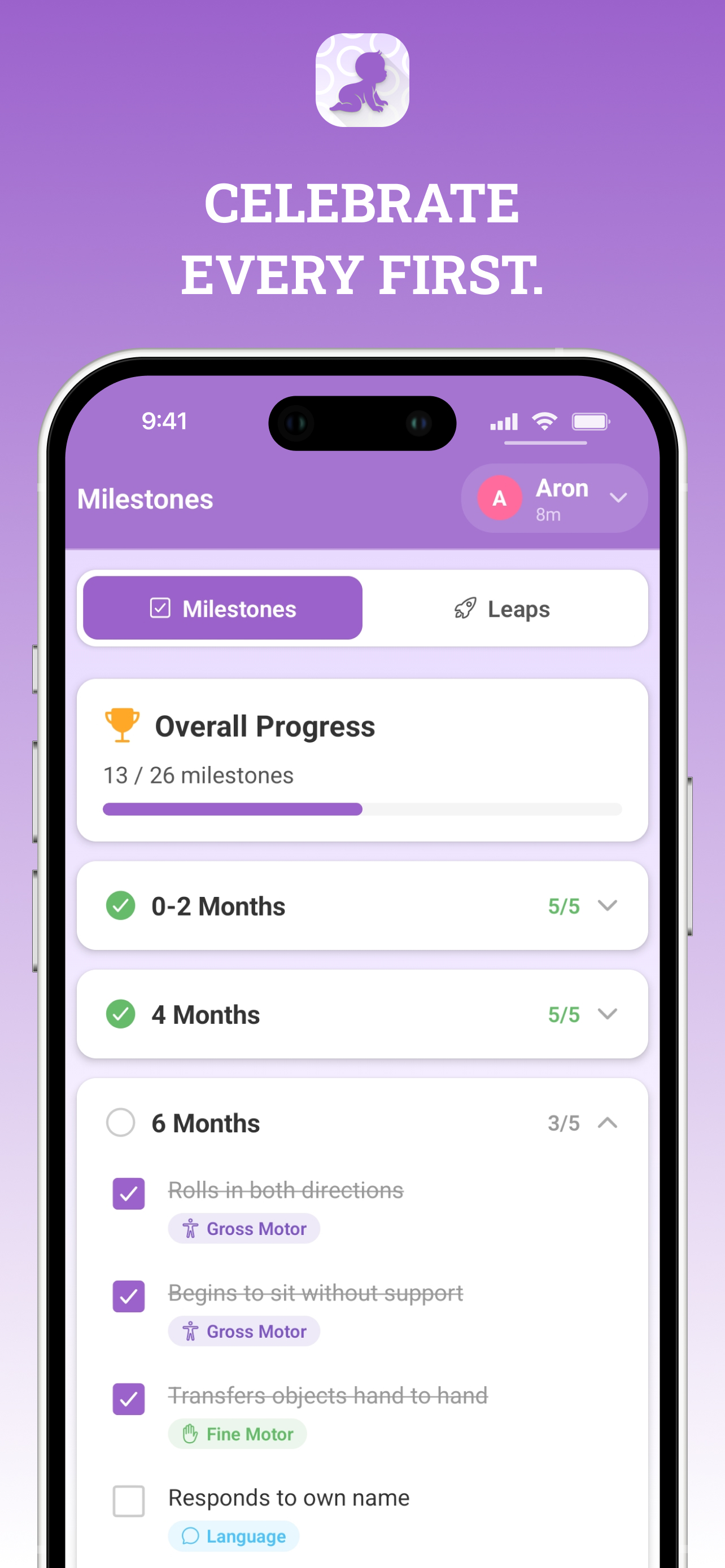Milestones screen tracking developmental progress by age and domain